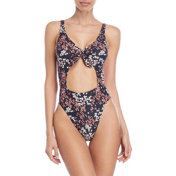 Michael Michael Kors Scattered Blooms One-Piece Swimsuit with Tie Front Navy 12 - Picture 1 of 11